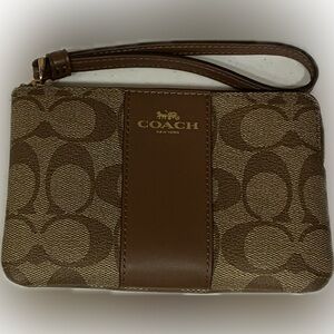 Coach Brown Signature Canvas Wristlet with Gold Logo